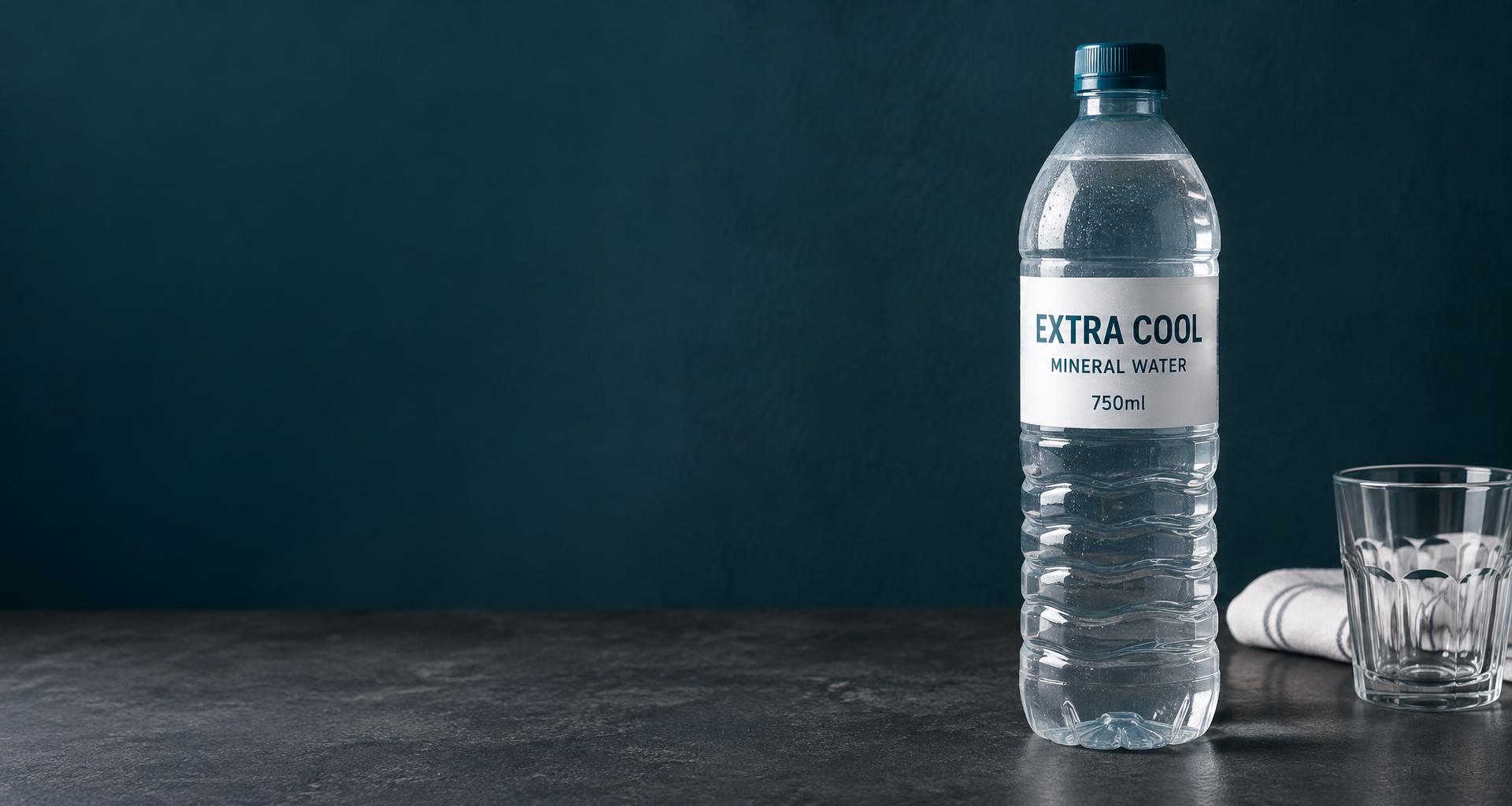 Extra Cool Mineral Water bottle with branded label on a stone tabletop